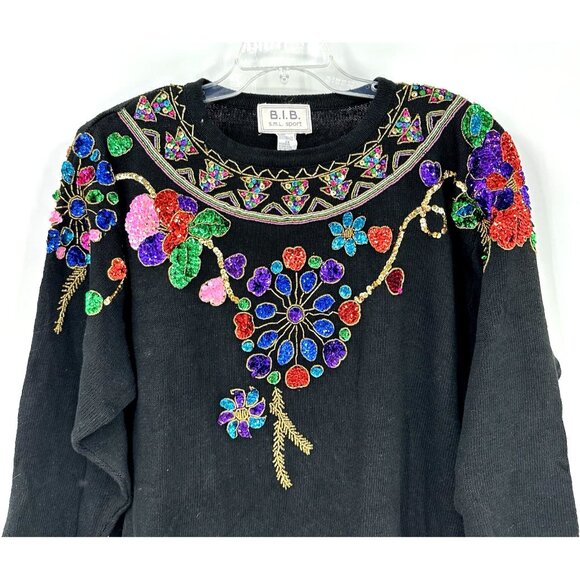 vintage 80s BEADED SEQUINS SWEATER tunic shoulder pads colorful floral 2X - Picture 3 of 8